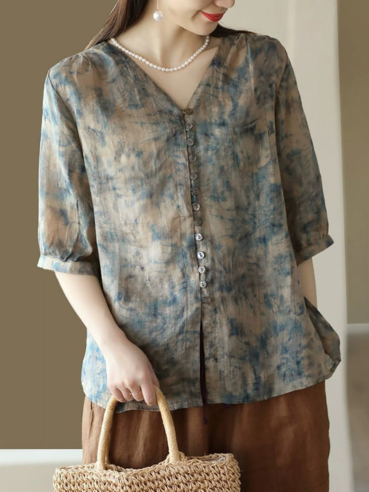 Women Vintage Floral Summer Button-Up Ramie Shirt