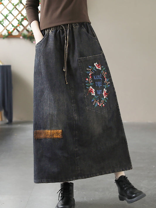 Women Spring Embroidery Summer Denim Skirt
