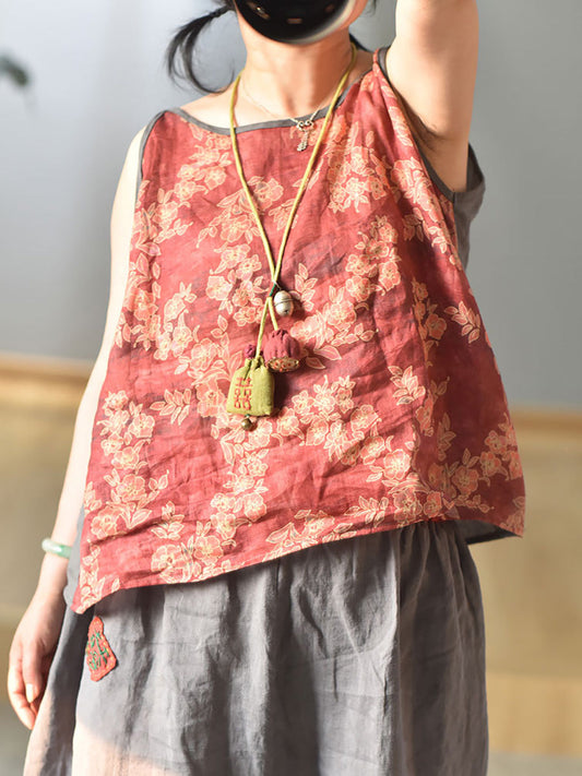 Women Summer Vintage Floral Ramie Vest