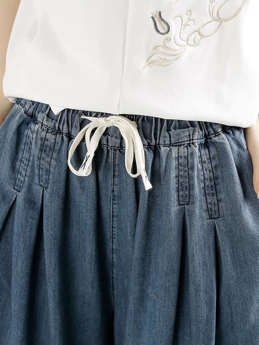 Women Summer Ethnic Embroidery Denim Wide-leg Pants