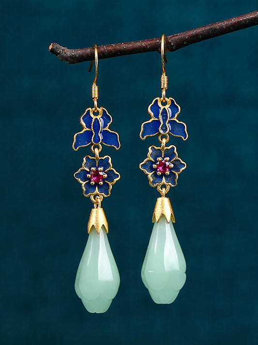 Women Vintage Enamel Flower Jade Copper Earrings