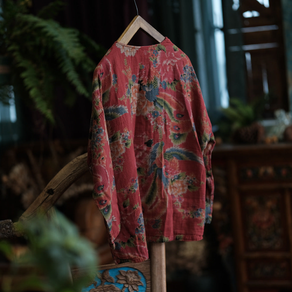 Women Ethnic Summer Flower Cotton Loose Shirt