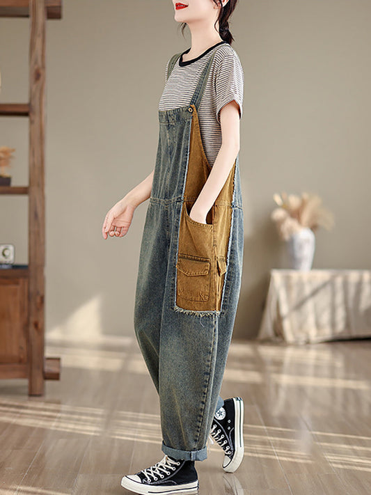 Women Artsy Summer Colorblock Denim Jumpsuits