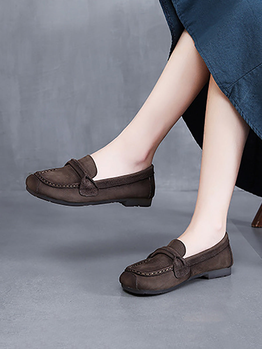 Women Vintage Leather Square-Toe Flat Shoes