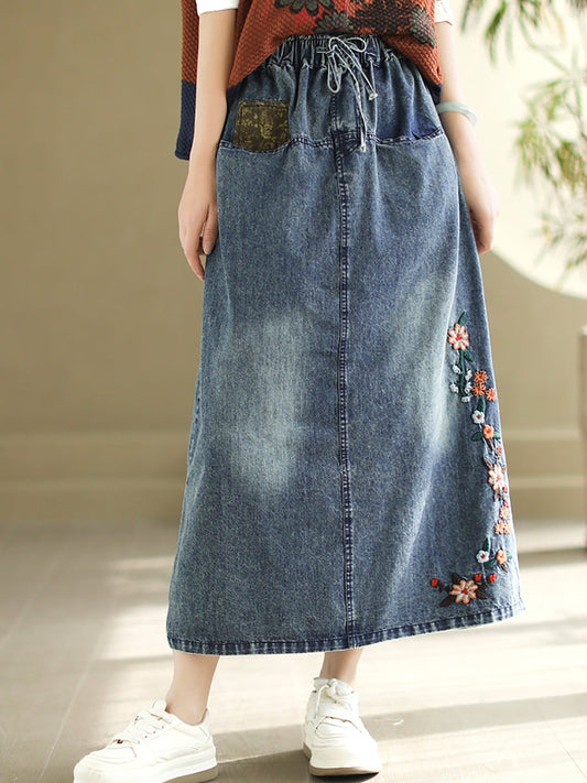 Women Vintage Floral Embroidery Denim Skirt