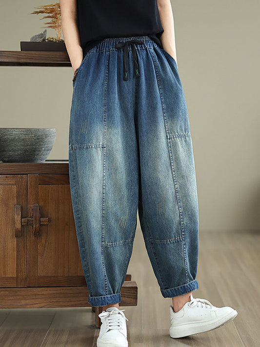 Women Autumn Washed Denim Spliced Harem Pants