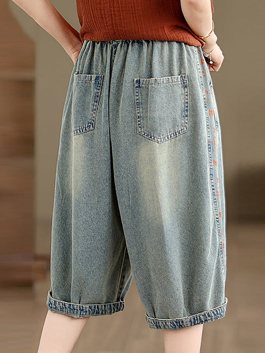 Women Summer Spliced Washed Denim Knee Length Pants