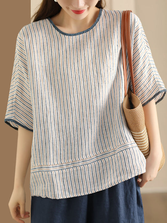 Women Summer Vintage Stripe Spliced Linen Shirt