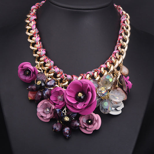 Colorful Flower Gemstone Braided Necklace
