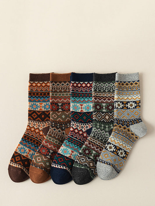 5 Pairs Women Ethnic Geometric Knit Cotton Socks