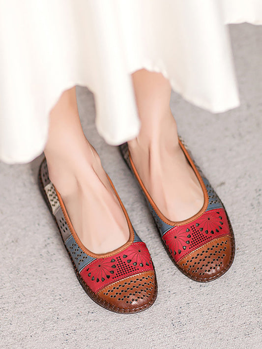 Women Summer Vintage Leather Spliced Cutout Shoes