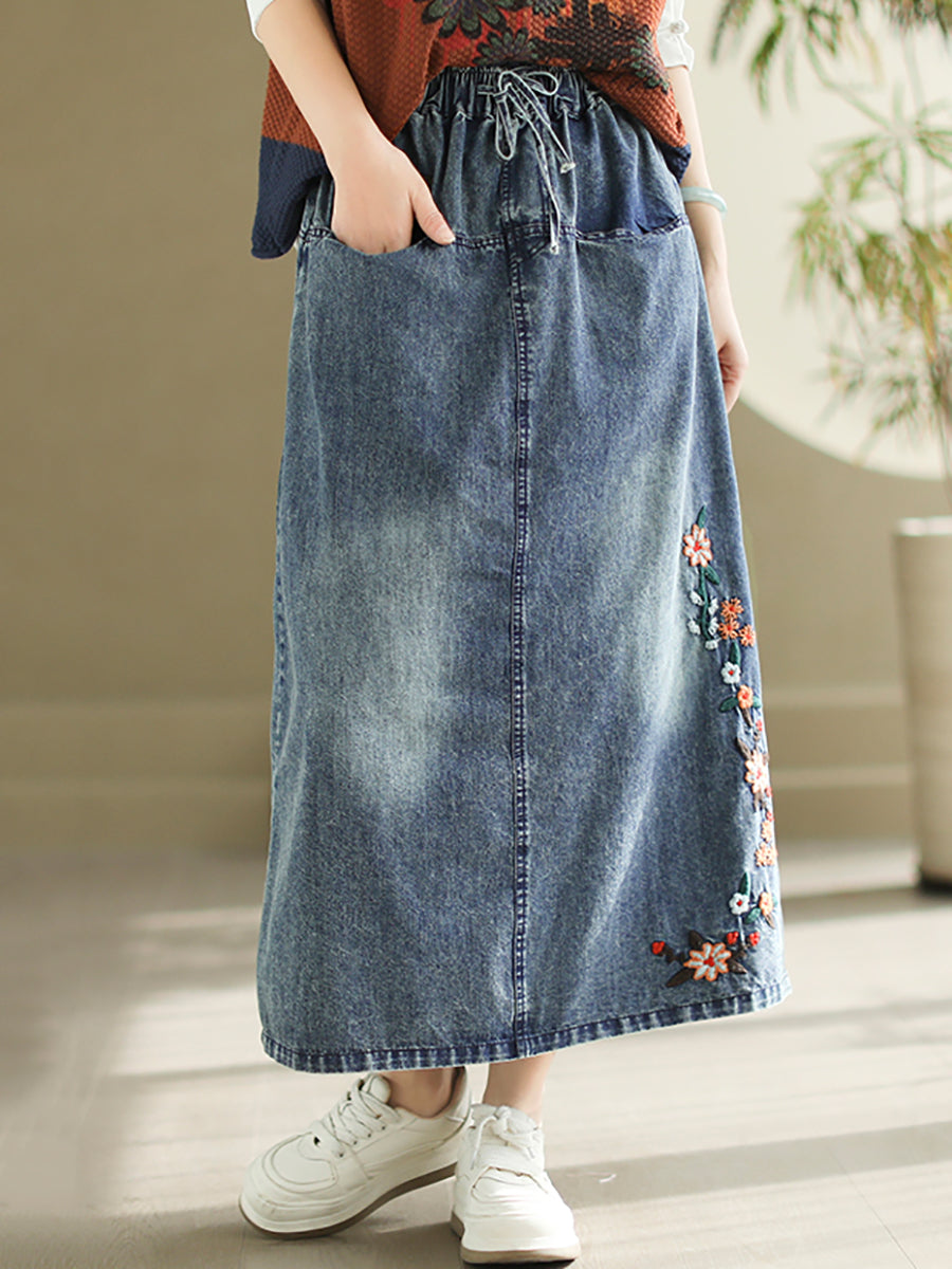 Women Vintage Floral Embroidery Denim Skirt