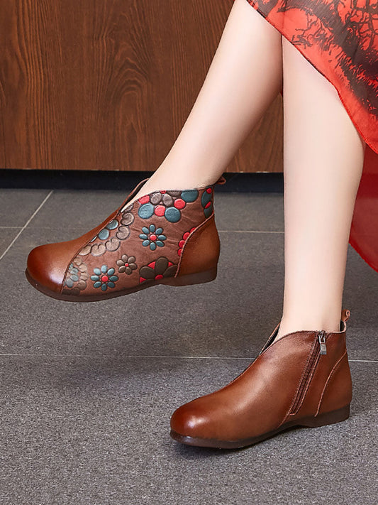 Women Vintage Flower Leather Spliced Ankle Boots