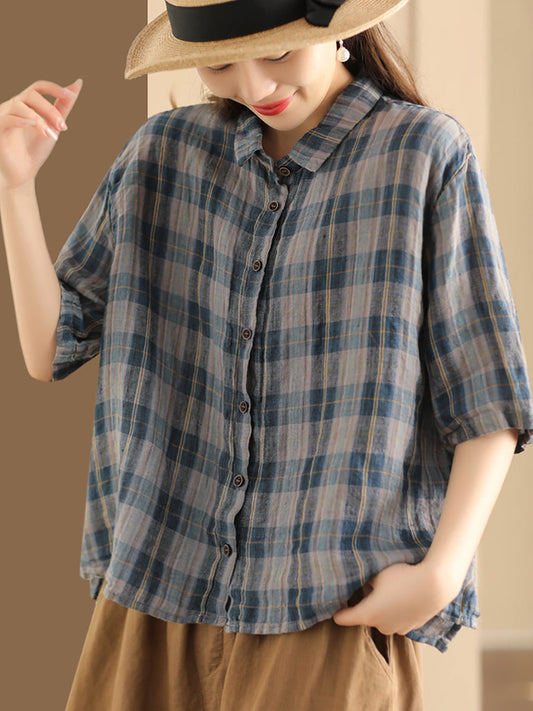 Women Artsy Plaid Summer Button-up Linen Shirt