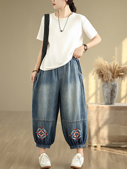 Women Retro Flower Embroidery Denim Harem Pants