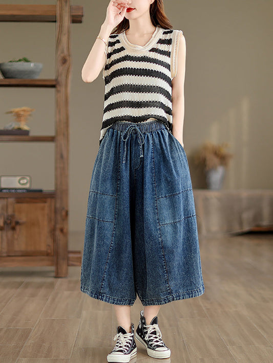 Women Summer Casual Solid Denim Spliced Wide-leg Pants