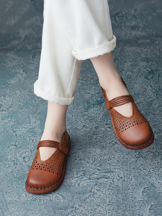 Women Summer Casual Leather Cutout Flat Shoes