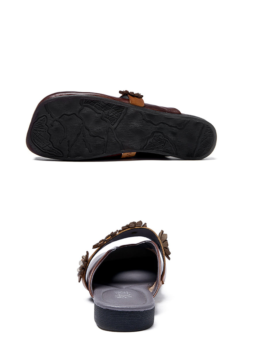 Women Summer Solid Flower Leather Slippers