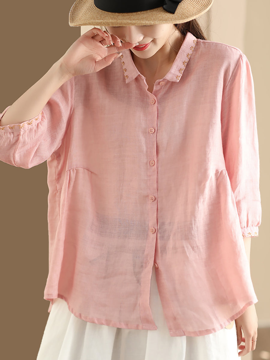 Women Summer Artsy Embroidery Button-Up Ramie Shirt