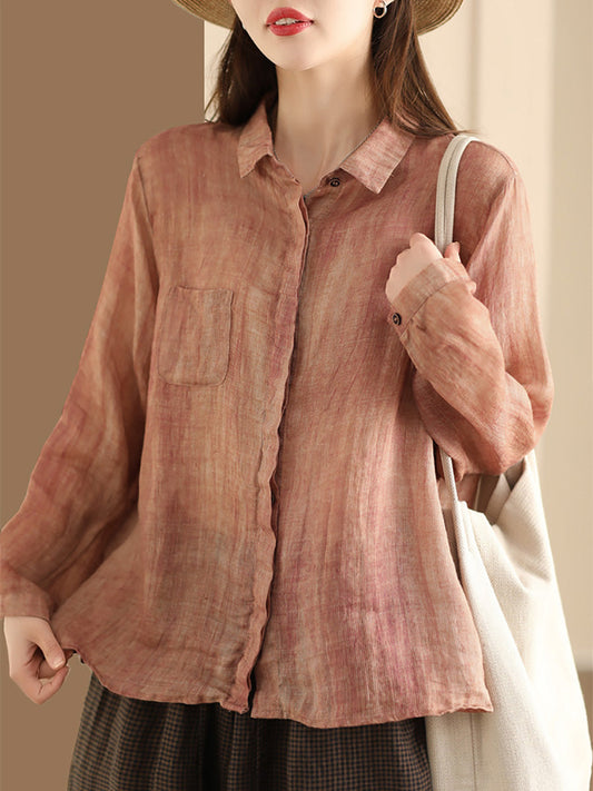 Women Spring Vintage Solid Ramie Shirts