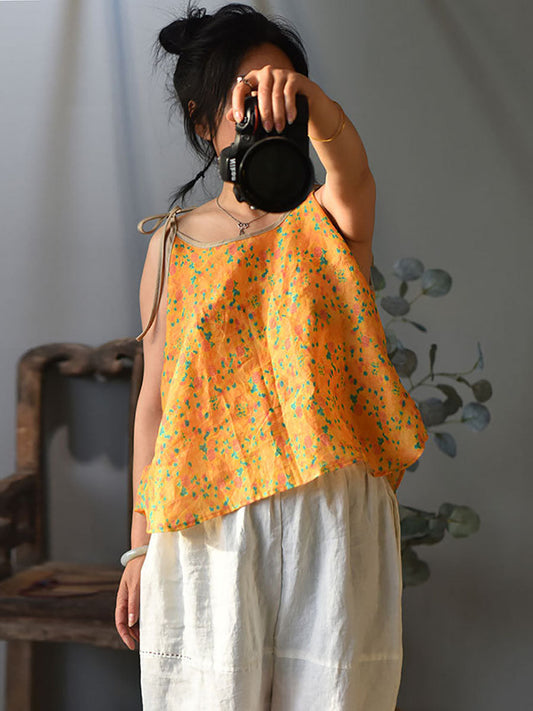 Women Prairie Chic Floral Drawstring Ramie Vest
