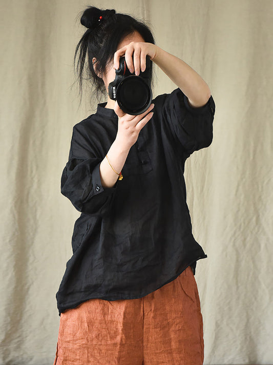 Women Vintage Solid 100%Ramie Summer Loose Shirt