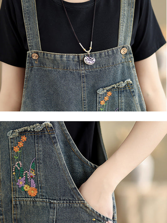 Women Summer Floral Embroidery Denim Jumpusuits