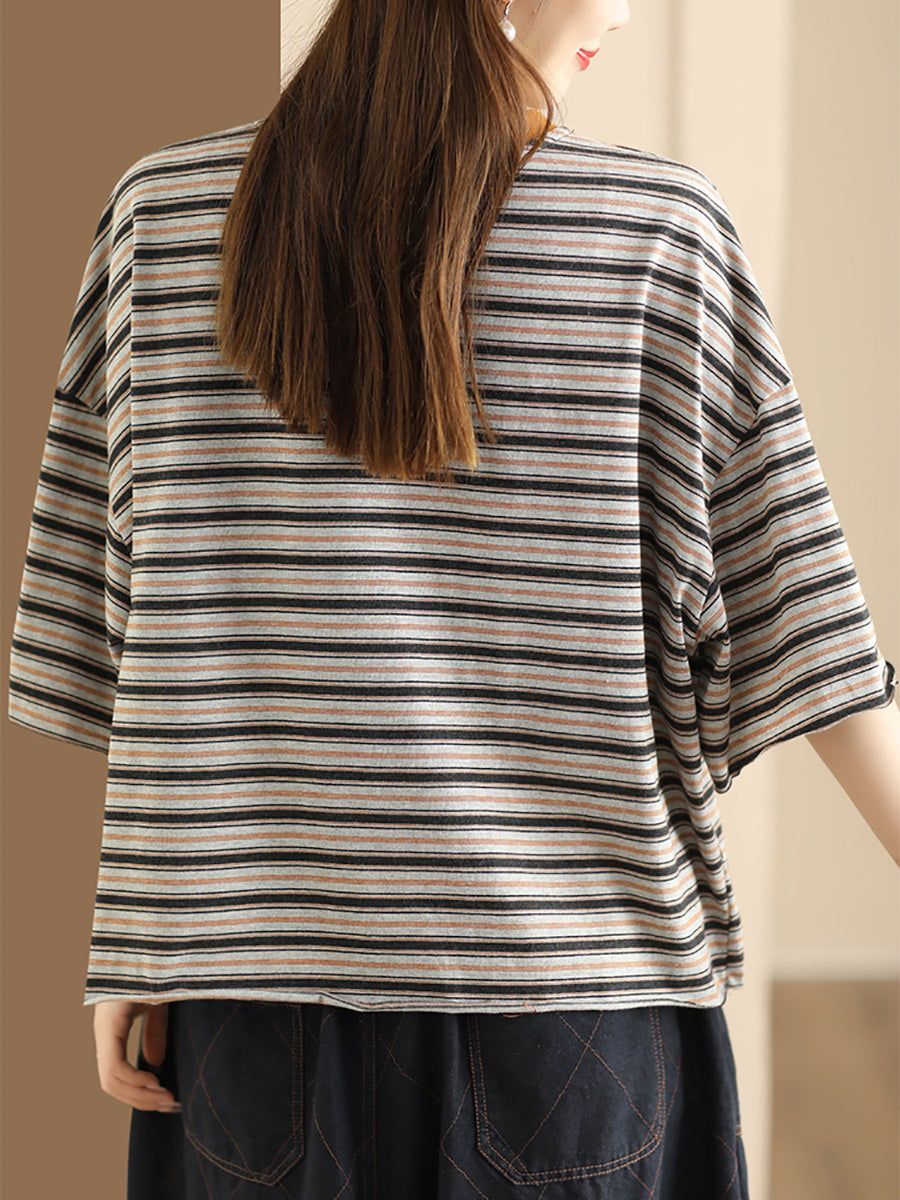 Women Casual Summer Stripe Spliced Loose Shirt
