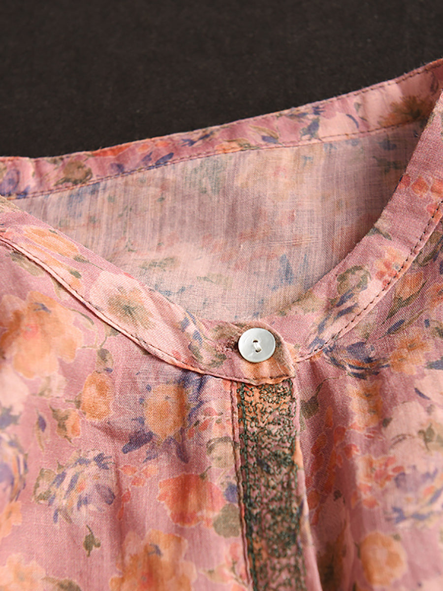 Women Summer Artsy Floral Spliced Ramie Long Shirt