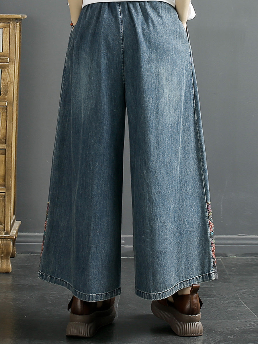 Women Vintage Summer Embroidery Wide-leg Denim Pants