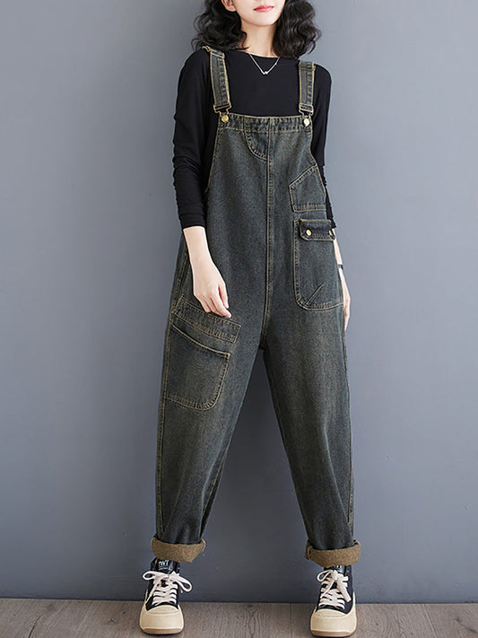 Women Vintage Solid Dissymmetry Pocket Denim Jumpsuits