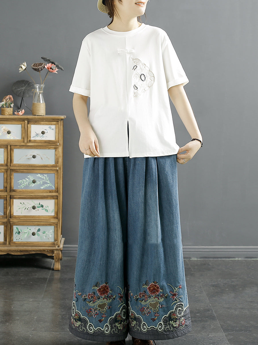 Women Summer Ethnic Embroidery Denim Wide-leg Pants