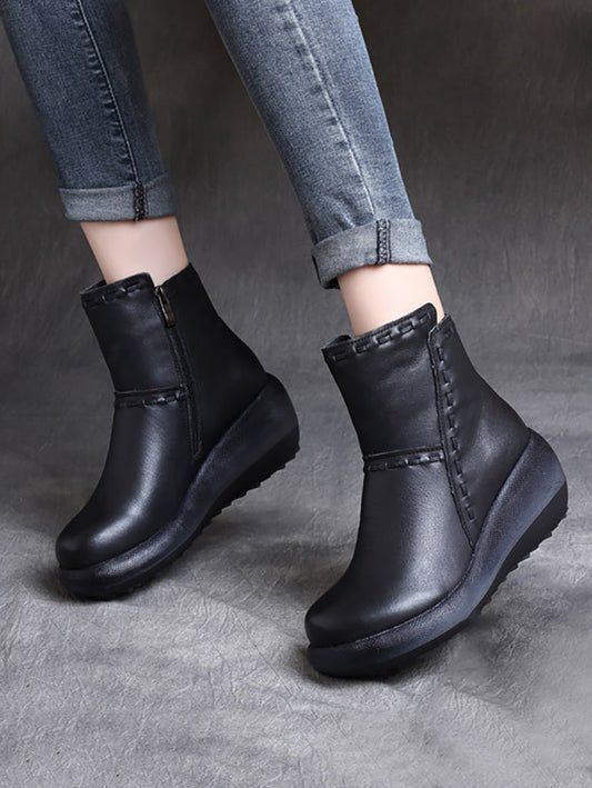 Women Genuine Leather Pure Color Platform Boots