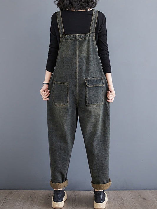 Women Vintage Solid Dissymmetry Pocket Denim Jumpsuits