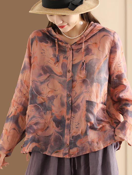 Women Spring Artsy Flower Button-Up Hooded Shirt