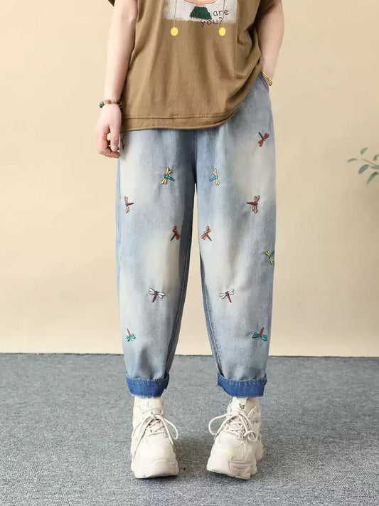 Women Fashion Dragonfly Embroidery Denim Harem Pants