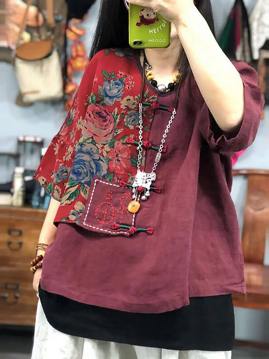 Plus Size Women Embroidered Floral Retro Ramie Cotton Stitching T-shirt