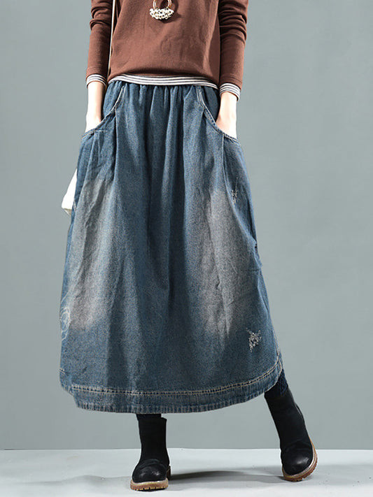 Women Retro Fade Pocket Elastic Waist Denim Skirt