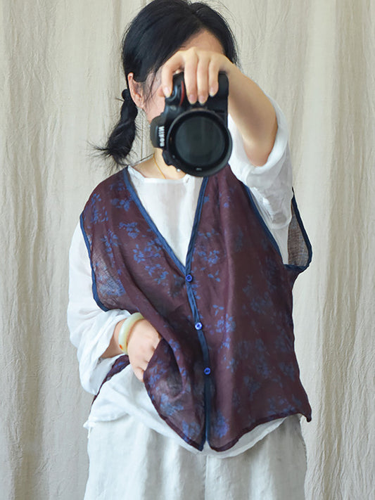 Women Vintage Floral Print Ramie Vest