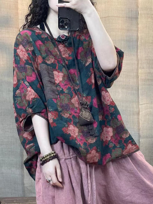 Women Vintage Flower Linen Spring Loose Shirt