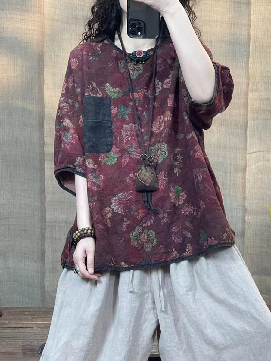 Women Vintage Flower Linen Spring Loose Shirt