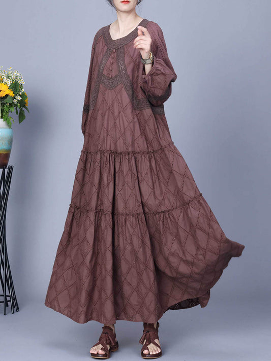 Women Spring Rhomboids Embroidery Loose Cotton Dress+Vest