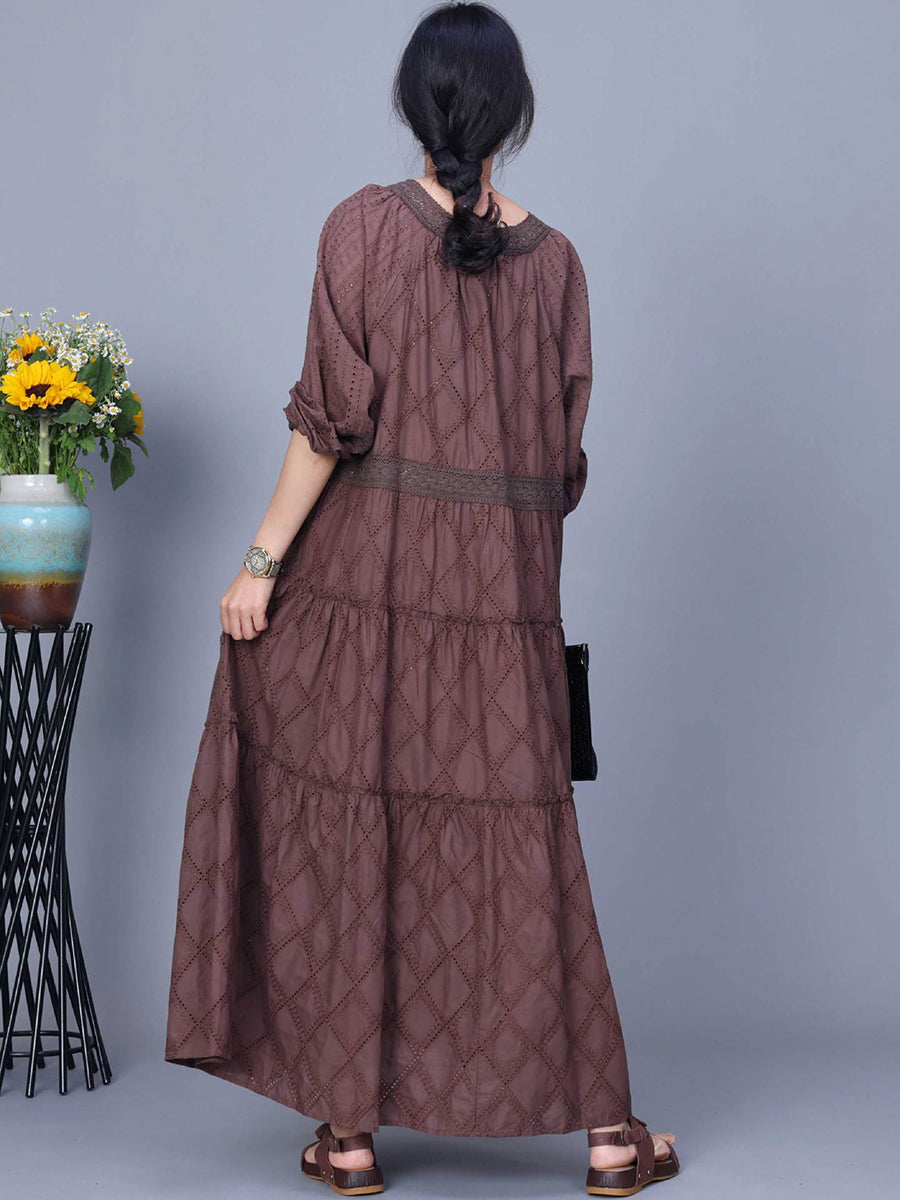 Women Spring Rhomboids Embroidery Loose Cotton Dress+Vest
