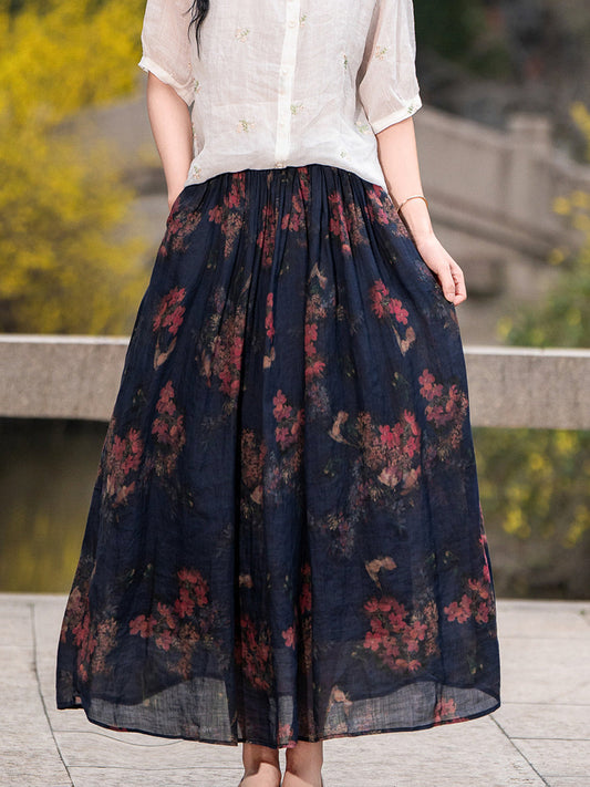 Women Vintage Summer Print Dual-Layer Linen Skirt