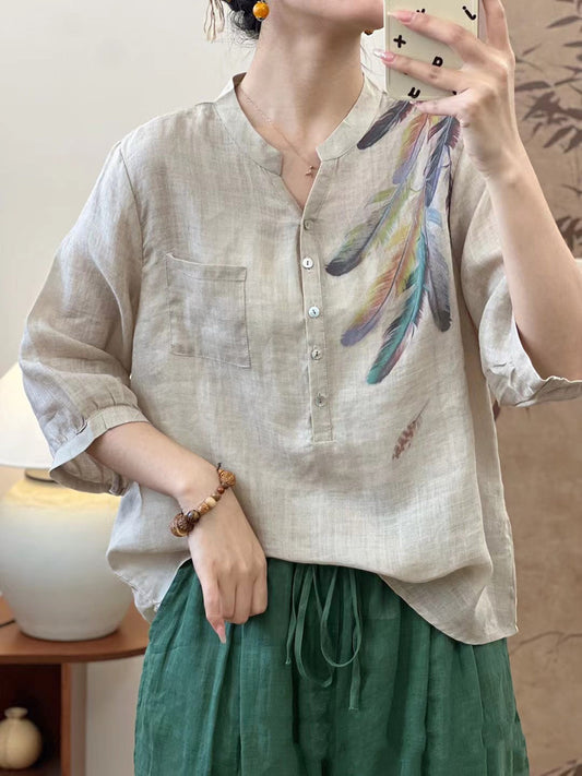 Women Summer Feather Print Ramie Blouse