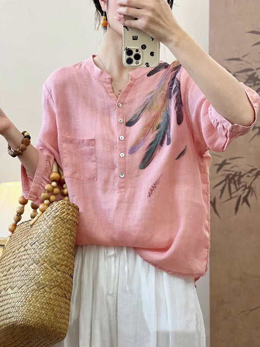 Women Summer Feather Print Ramie Blouse