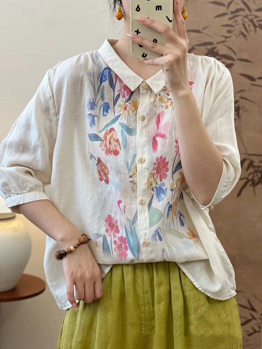 Women Summer Artsy Flower Ramie Button-Up Blouse