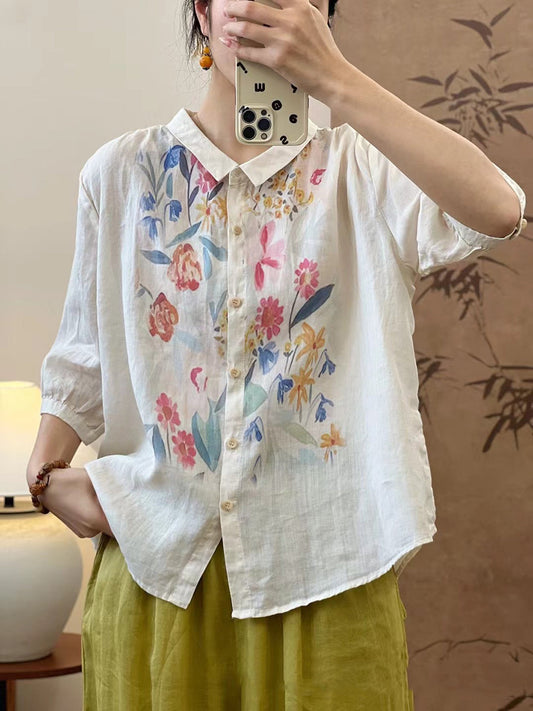 Women Summer Artsy Flower Ramie Button-Up Blouse