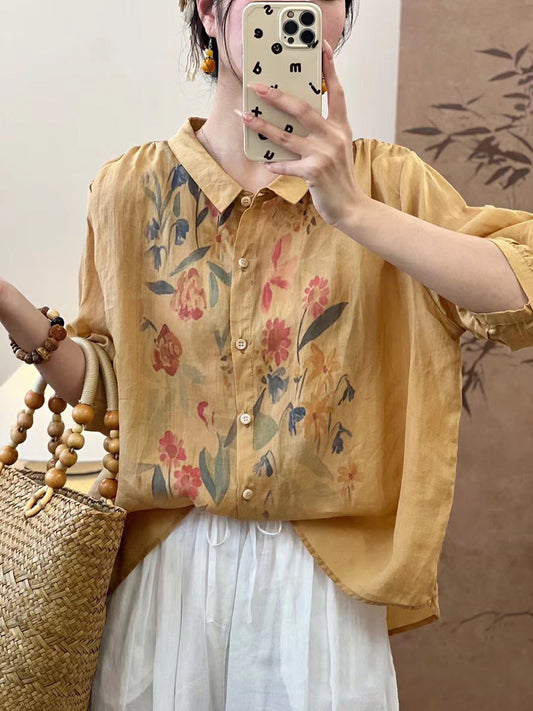 Women Summer Artsy Flower Ramie Button-Up Blouse