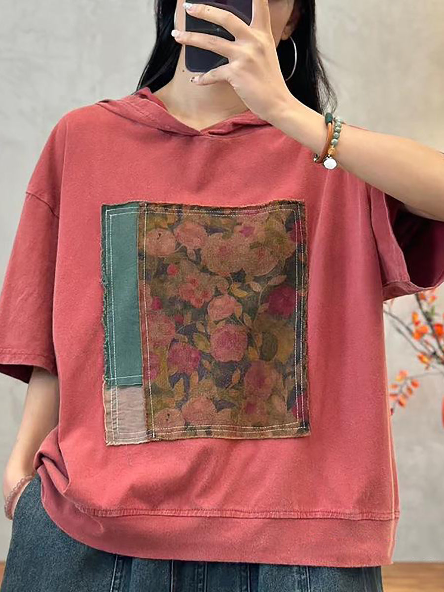 Women Retro Flower Patch Spliced Hooded Shirt